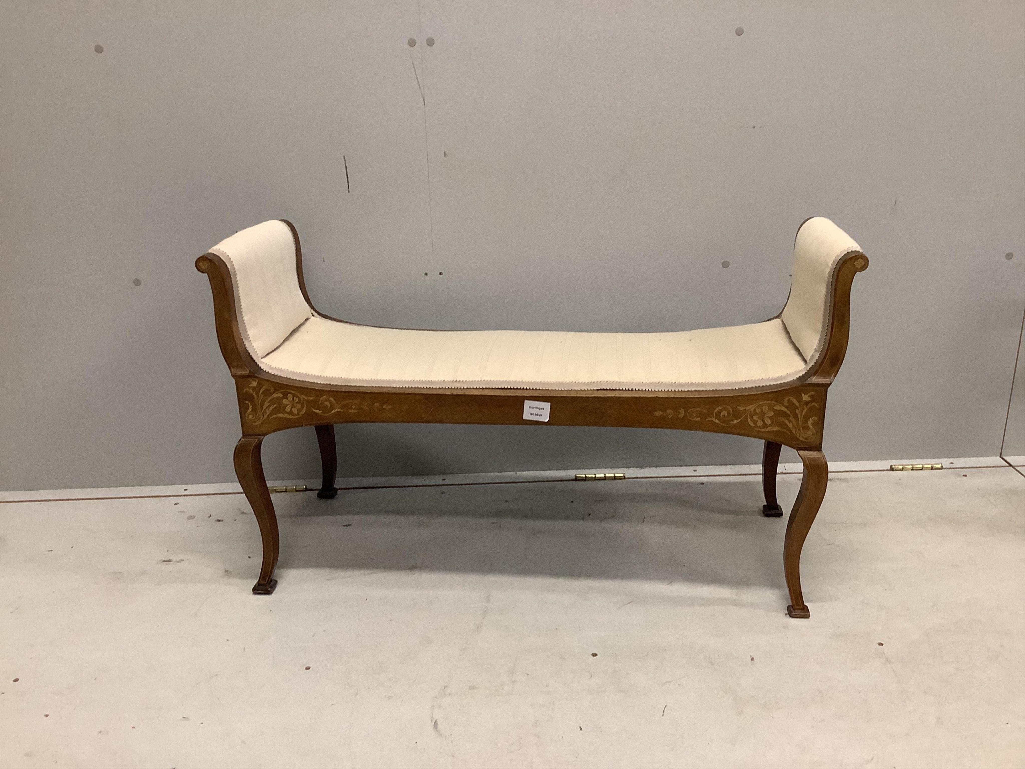 An Edwardian inlaid mahogany window seat, width 100cm, depth 39cm, height 60cm. Condition - fair